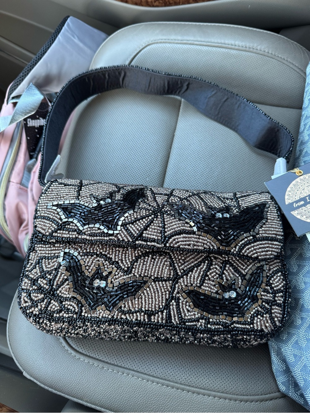 Beaded Black and Gold Shoulder Bag with bats